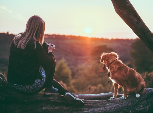 Woman with dog and sunset